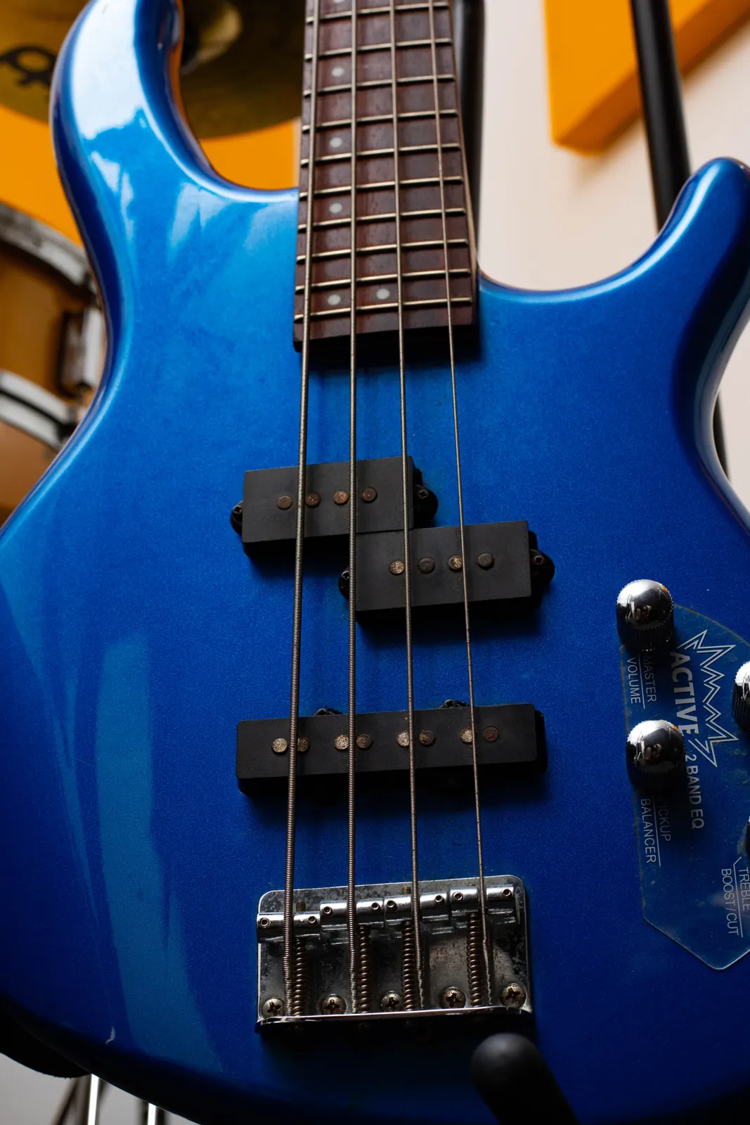 Blue electric bass used for sessions at SN7.