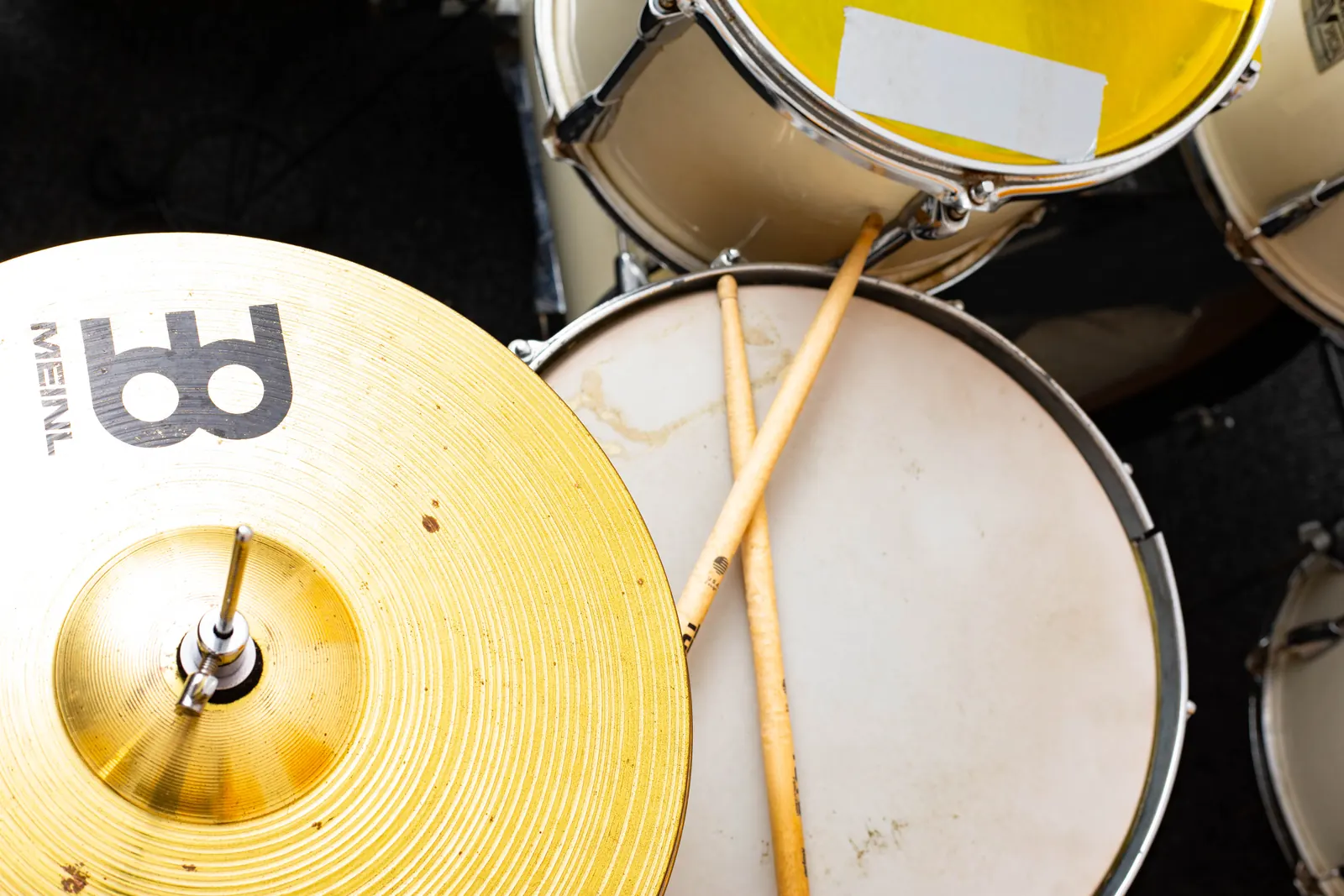 Cymbals on the studio drum kit, part of the live rhythm setup at SN7.