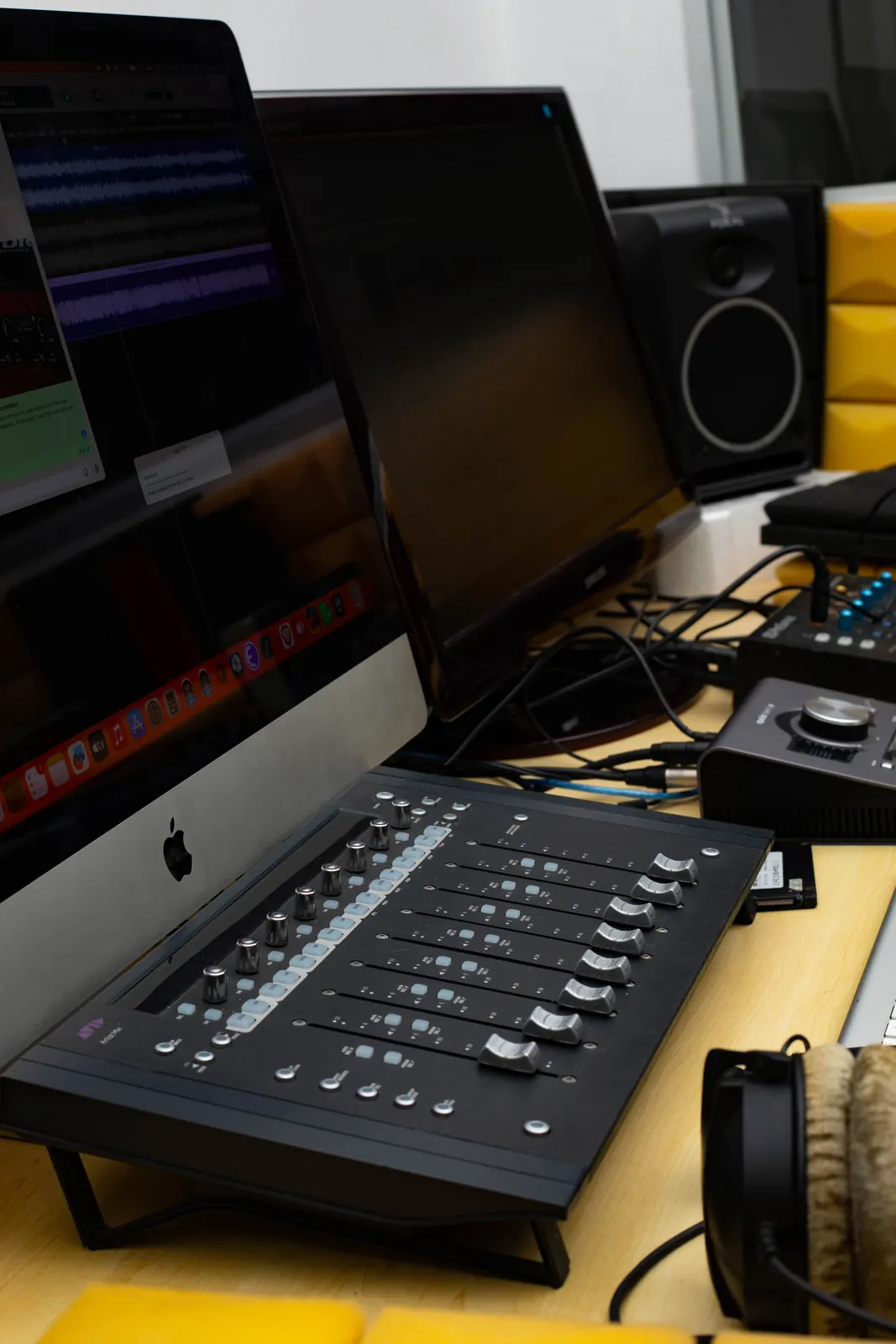 Overhead view of the SN7 mixing desk with a laptop and control surface.